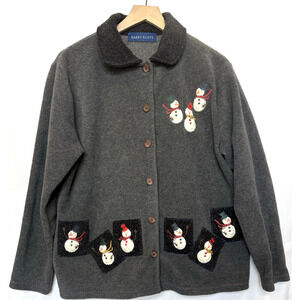 VTG Karen Scott Christmas Cardigan Womens Sz Medium Snowman Holiday Embroidered